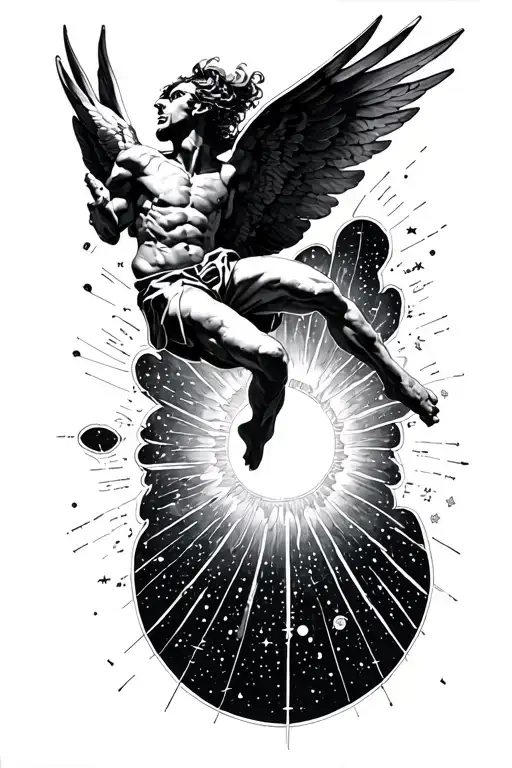 Fine Line Image Of Icarus Falling Backwards From The Sun With A Map Of The Stars Around Him