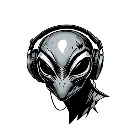Alien Head Wearing Headphones Tattoo Stencil
