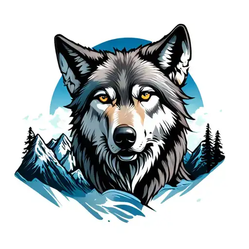 Wolf With Mountains And Blue Moon