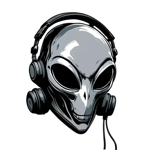 Alien Head Wearing Headphones Lineart Tattoo Stencil Minimalist