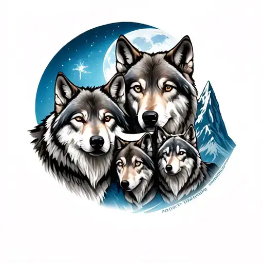 Family Of 3 Wolves With Mountains And Blue Moon