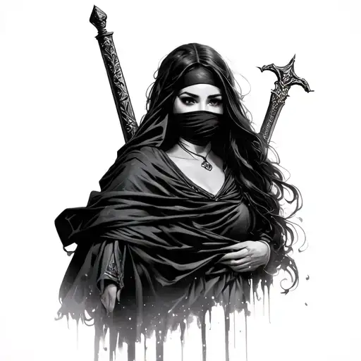 Woman With A Cloak And Sword On Her Back With A Blindfold On