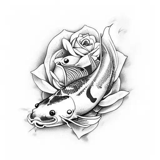 Koi Swimming Amongst Roses Witha Jay Bird Ona Bra Ch Nearby