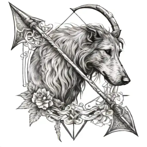 A Sketch Of A Bow And Arrow With A Hidden Silhouette Of A Scottish Deerhound In The Background