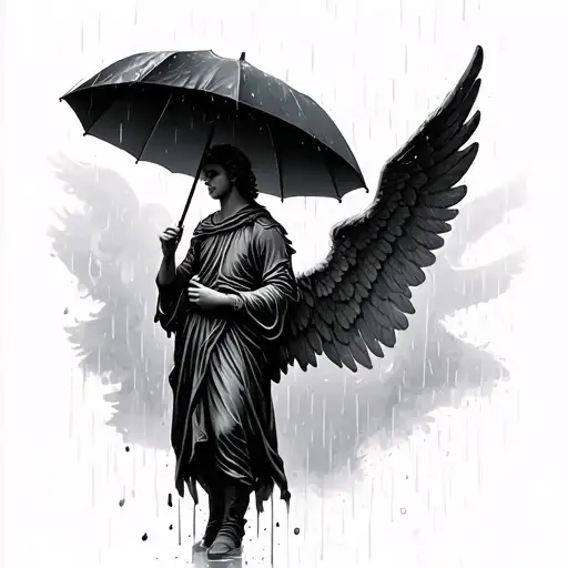Angel Man Holding Umbrella In Rain