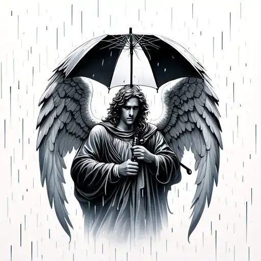 Angel Man Holding Umbrella In Rain