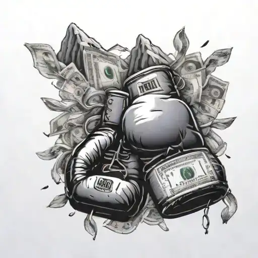 A Mountain Landscape With Boxing Gloves And Dollars Money Raining