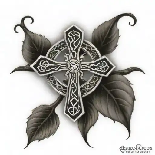 Celtic Cross And Celtic Tree On Arm And Chest