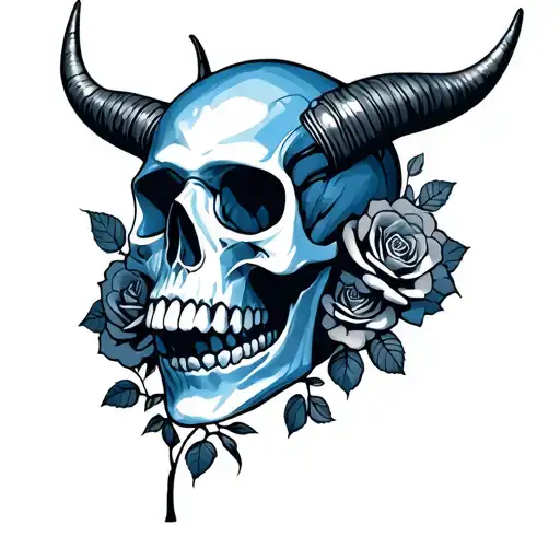 Blue Skull With Horns And Roses Growing Inside