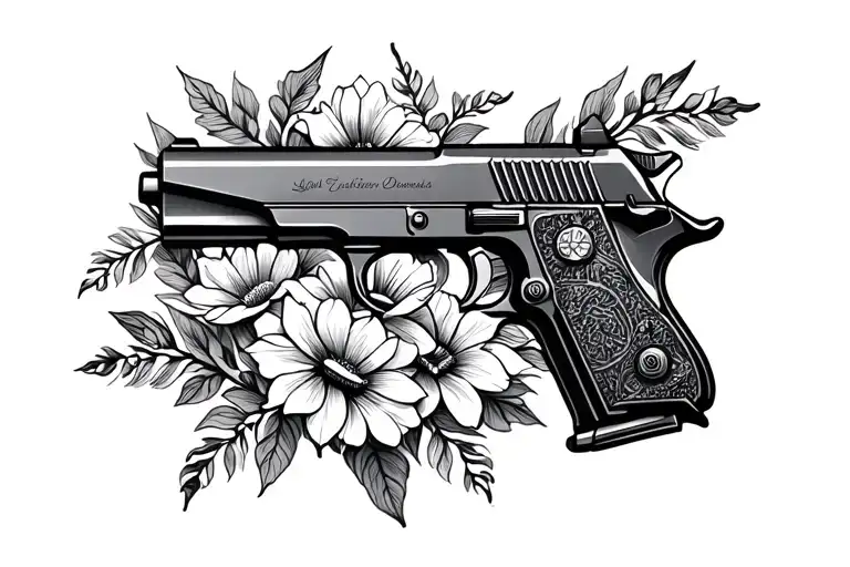 A Desert Eagle Pistol With A Little Bit Of Flowers Intertwined With The Gun