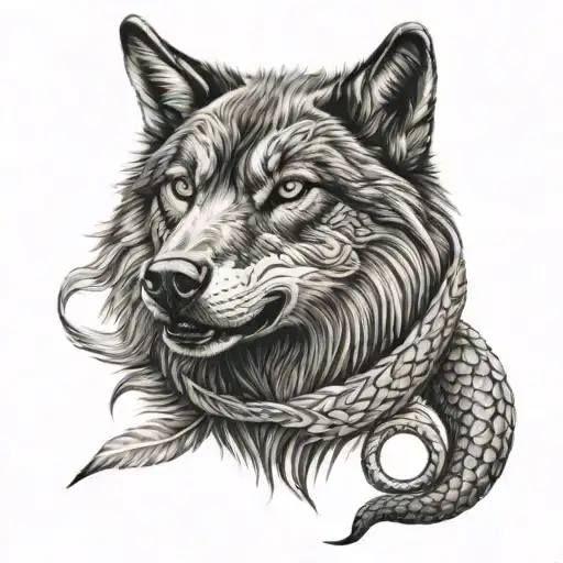 Black Wolf Head Wrapped In Snake Pencil Drawing