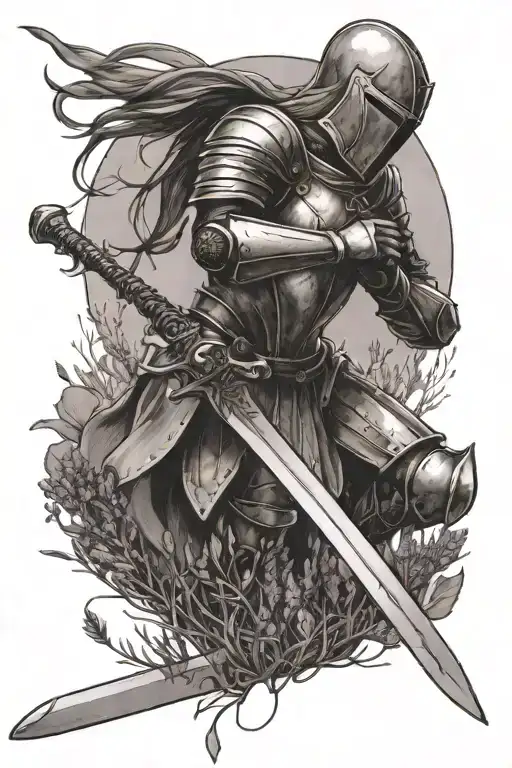 Kneeling Female Knight Holding A Sword And A Ray Of Light Highlighting Her In A Field Of Lavender