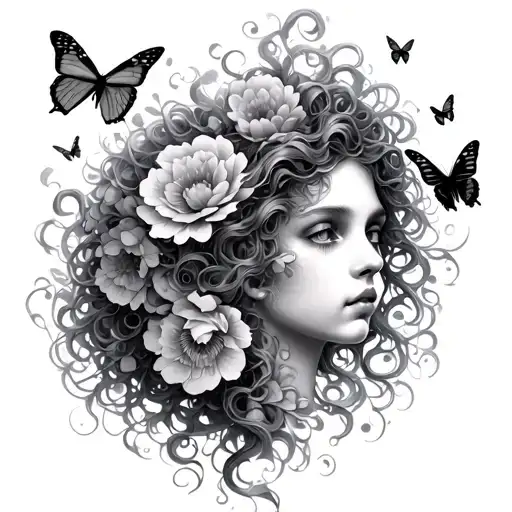 Medusa With Flowers And Butterflies Flying