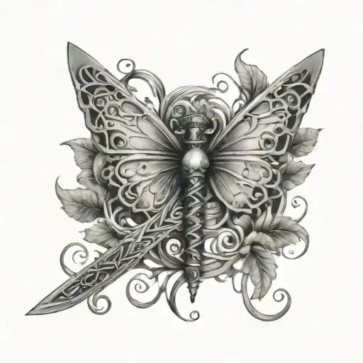 A Sword Wrapped With Vines With Butterfly Wings As The Background