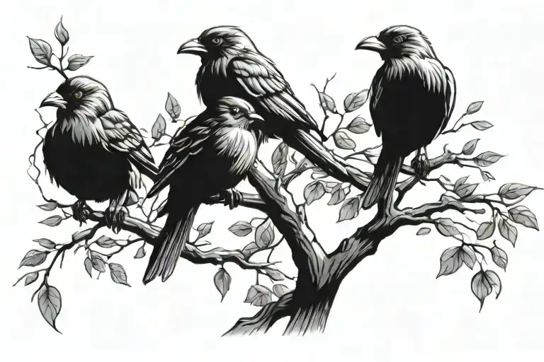 Tree Branch With Five Birds Representing A Family Members