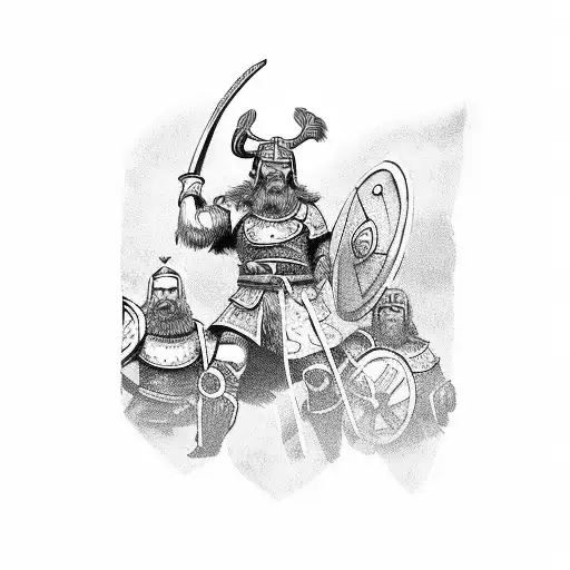 Group Of 3 Viking Warriors And A Shield Maiden Going To Battle