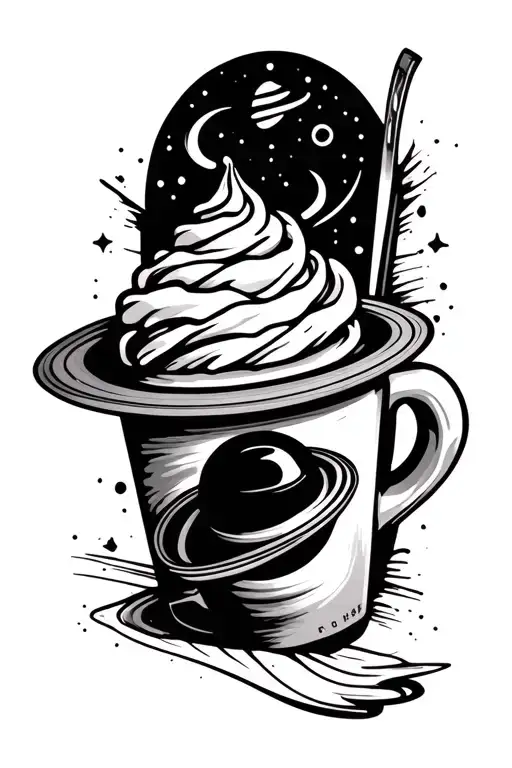 Tea Bag With Saturn And A To-go Coffee Cup With Whipped Cream In Tribal Style