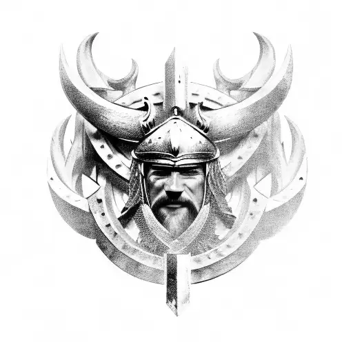 3 Male Vikings And Valkayre In Front Of A Shield Background