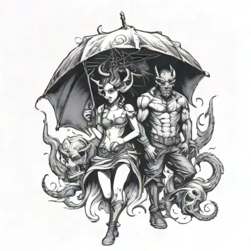 Demon And Girl Holding Umbrella