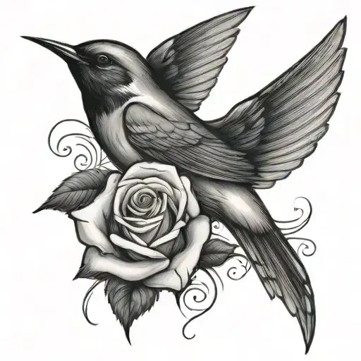 Swallow Flying Away With A Rose In The Background