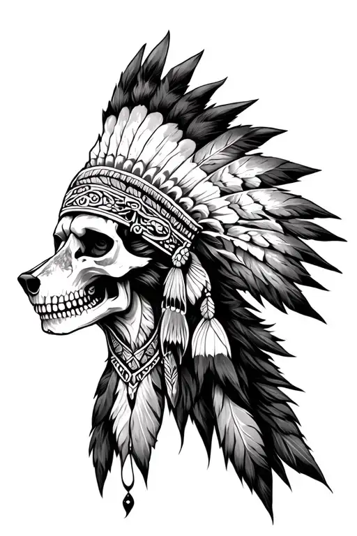 Indian Headdress Skull Wolf Land Scape Tattoo Design
