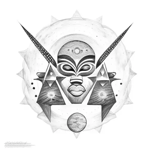 African Mask Surrounded By Celestial Objects