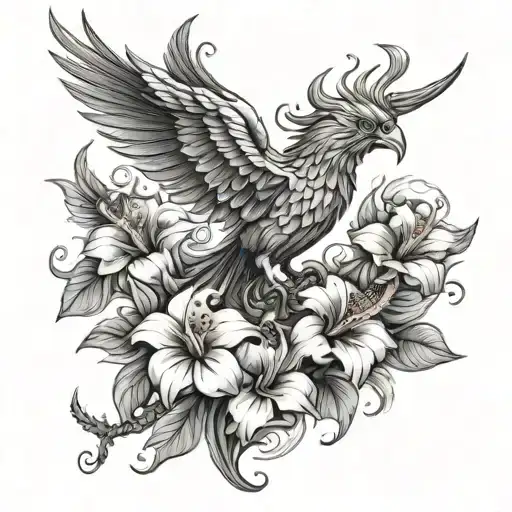 Phoenix Surrounded By Hibiscus Flowers Emerging From Ashes