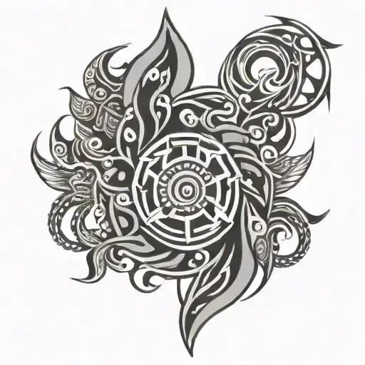 Tribal Inspired Sleeve Tattoo Incorporating Symbols From Coolie And East Indian Culture