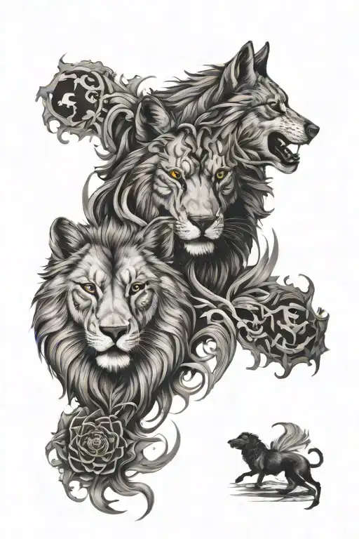 Wolf And Lion Surrounded