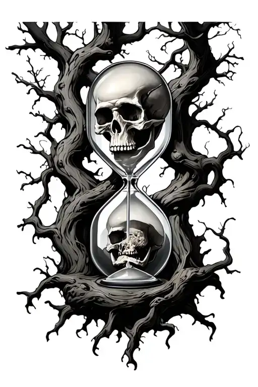 Tree Intertwined With Hour Glass Containing Sculls