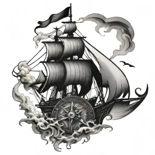 Viking Compass Ship Sailing Through Stormy