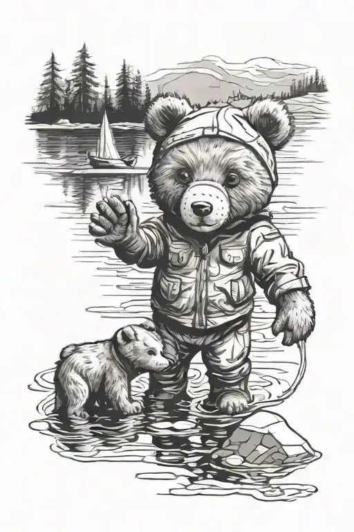 Boy Holding Teddy Bear Lake Reflection Real Bear