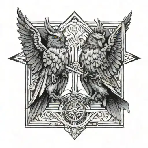 Two Harpies Looking To Either Direction With An Arrow Between Them Pointing Up