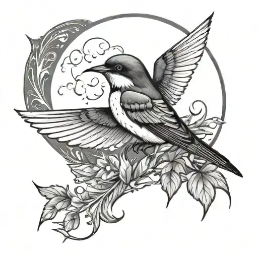 Swallow Bird Leafs Moon Fantasy Whimsicall