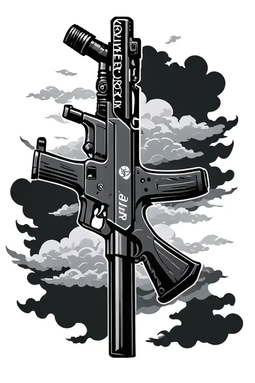 Assualt Rifle With The Name Sandor In The Middle Of The Gun With Clouds On The Outside