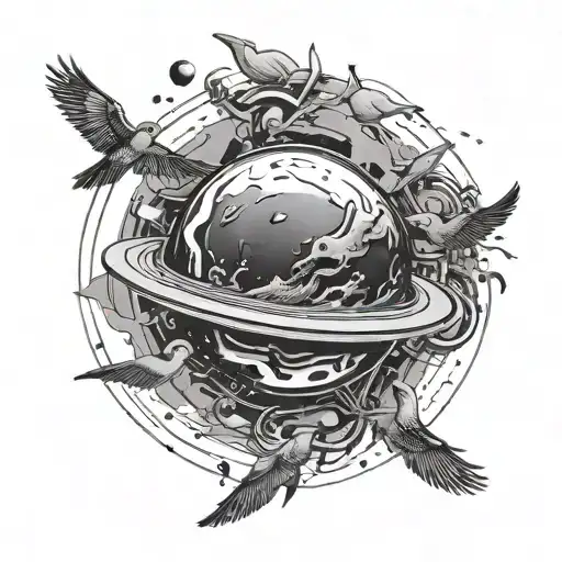 A Futuristic Planet With Birds Flying Around It In A Black-grey Style