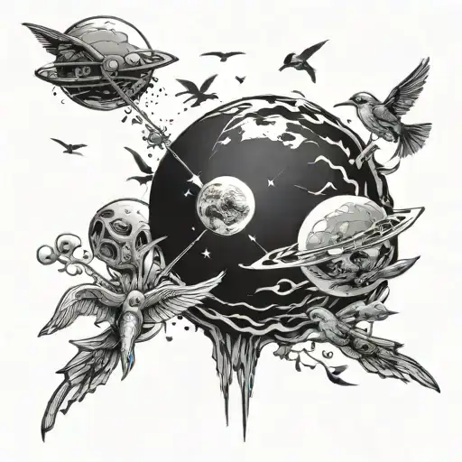 A Sci-fi Scene Of A Planet With Alien Creatures And Birds Flying Overhead