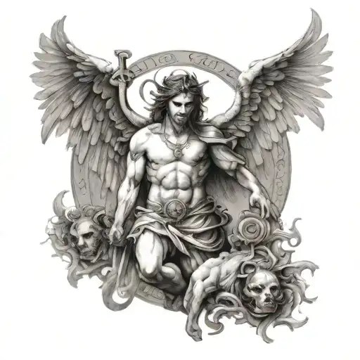 Angel Figting Demons With Cross Surrounded