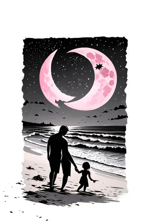 Pink Moon And Stars On A Beach At Night With Father And Daughter