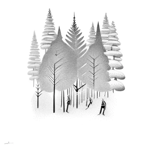 A Blackwork Tattoo Featuring A School Of Samba Drummers Amidst A Forest Of Enchanting Trees
