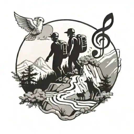 A Family Of Animals Hiking Up A Mountain Trail With Musical Notes Floating In The Sky