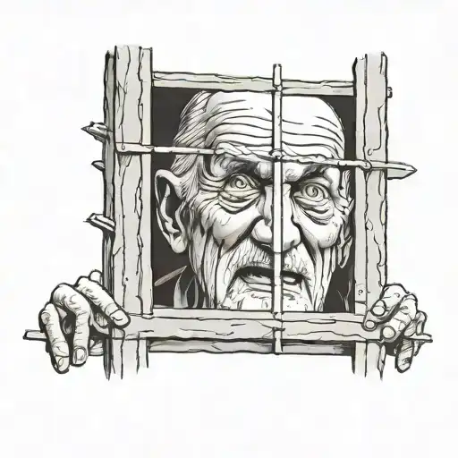 Creepy Old Man Peeking From Prison Cell Window