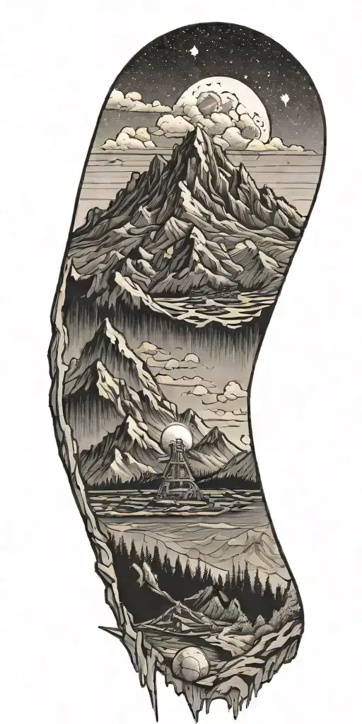 A Black-grey Tattoo Of A Mountain Range With A Hidden Nuclear Reactor Symbol Hidden Within The Peaks