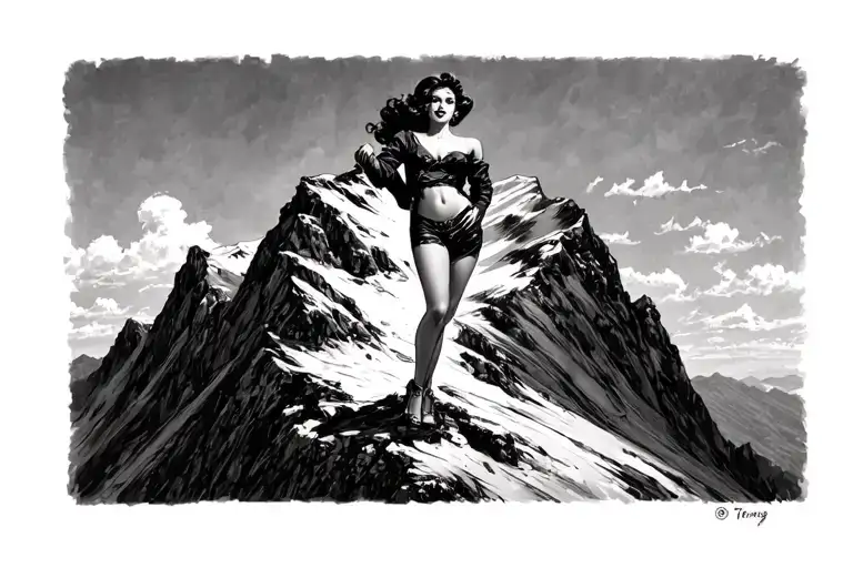Pin Up Girl Standing Atop A Mountain