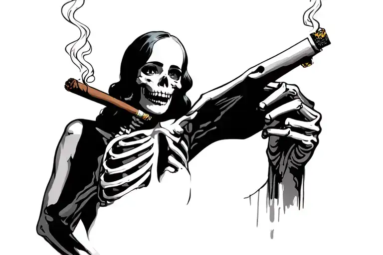 Pin Up Girl Standing A With A Cigar With A Skeleton Man Giving Her A Light From A Cigarette Lighter
