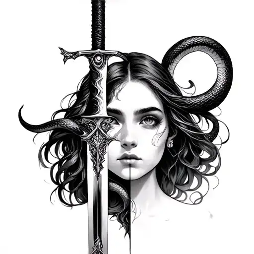 Equally Split Girl Face With Sword Snake