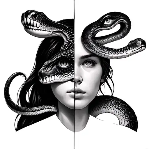 Equally Split Half Girl Face With Snake Face