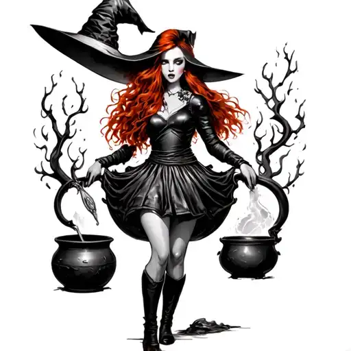 Red Head Witch Stirring Cauldron Short Leather Skirt