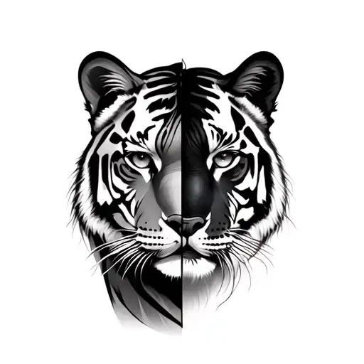 Equally Split Right Side Girl Face And Left Side Tiger