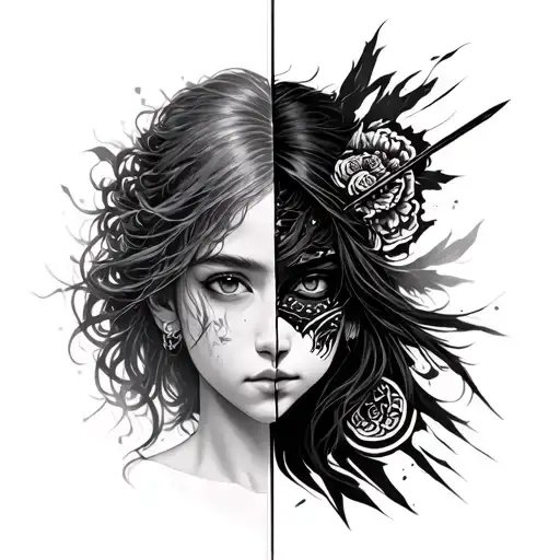 Girl Face Split In Half With Samurai Side